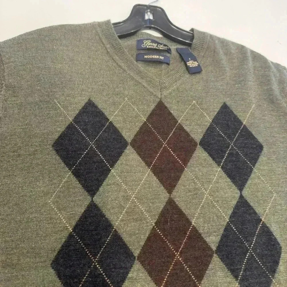 Garret Scott 100% Extra Fine Merino Wool Sweater Gray V Neck Argyle Mens Size L